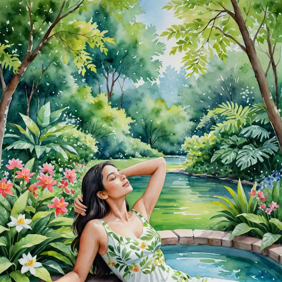 oman relaxing in lush green garden, surrounded by blooming flowers and tall trees, feeling the cool breeze on her skin, enjoying a serene moment of peace.