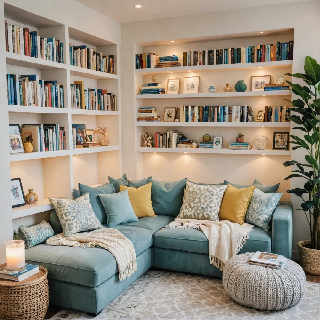 elaxing reading nook with comfortable seating, warm lighting, and inviting decor. Cozy atmosphere created by soft fabrics and a calming color scheme. Family members of various ages engrossed in their favorite books, surrounded by shelves filled with literature. The scene is peaceful and serene, offering a haven for readers seeking respite from the chaos of daily life.