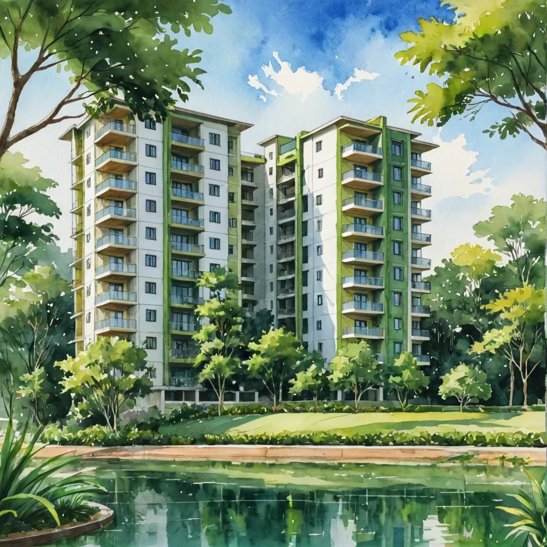 unlit apartment complex, Bangalore skyline, lush greenery, serene lake, modern architecture, sustainable design, luxurious living, green spaces, community amenities