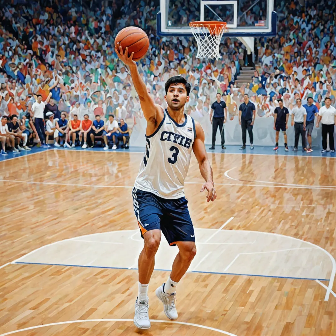 an playing basketball, state-of-the-art gym, crisp white lines, bright lights, cheering crowd