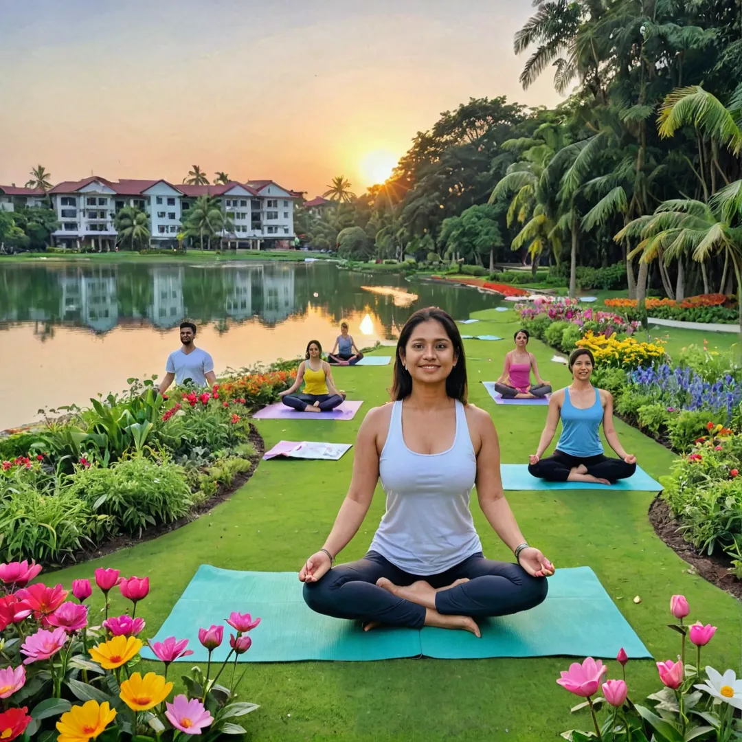 appy residents enjoying a sunset yoga session on the lush green lawns of Alita, surrounded by vibrant flowers and a serene lake, creating an atmosphere of tranquility and well-being.