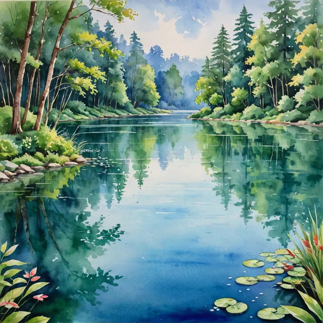 erene view of a lake with lush greenery, surrounded by trees and filled with crystal clear water. The tranquil atmosphere is home to various flora and fauna.