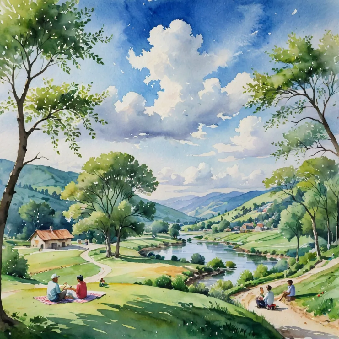 atercolor painting of a lush green landscape with rolling hills, a winding river, and a picturesque village in the distance. In the foreground, there are people interacting with nature: a couple enjoying a picnic by the riverbank, children playing with a ball near some trees, and an elderly man fishing peacefully. The sky is filled with fluffy clouds that cast shadows on the ground beneath them, creating a serene atmosphere for everyone to enjoy their day in harmony with nature and each other.