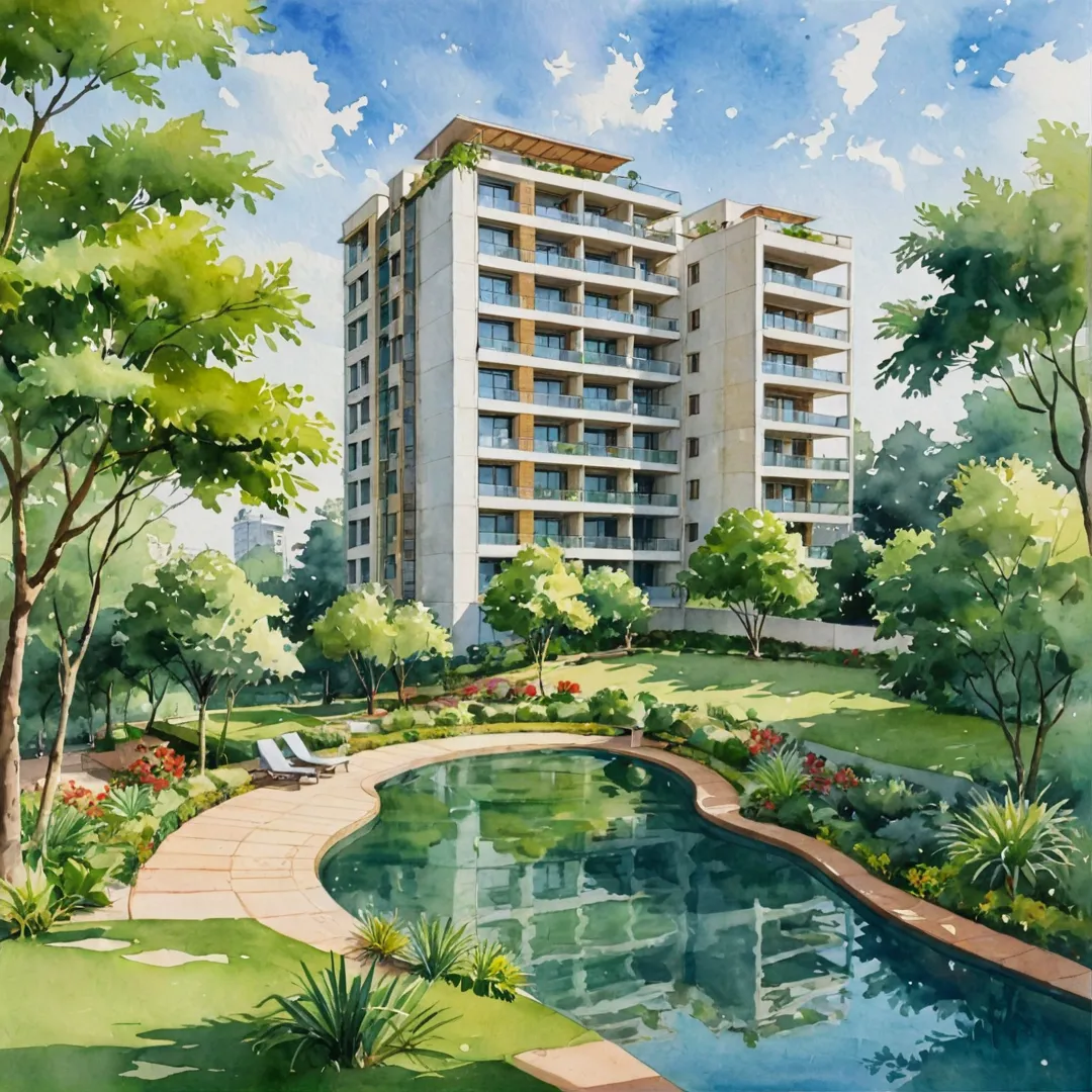 unny day, greenery, modern architecture, open space, luxury living, peaceful environment, urban blend, Bangalore location.