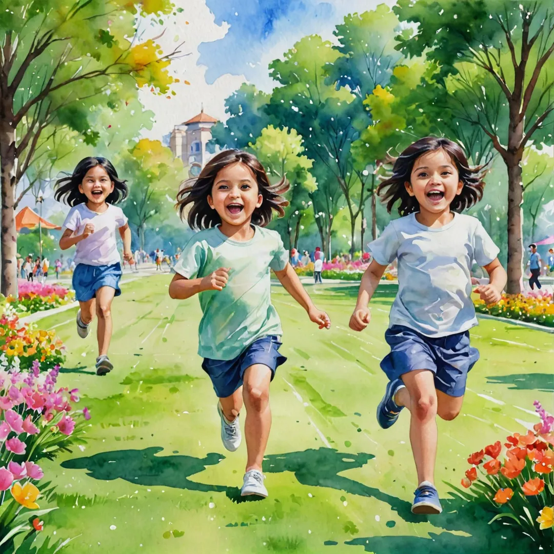 xcited children playing at a park near a vibrant mall in Alita, their laughter filling the air as they run around on green grass, surrounded by colorful flowers and trees. Watercolor painting style.