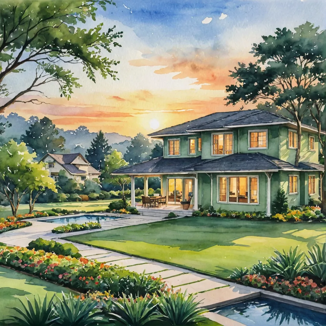 atercolor painting of a serene sunset over a lush green landscape, with a beautifully designed home in the background, emanating warm light and inviting residents to come inside. The house features an open-air workspace lounge and a state-of-the-art clubhouse that offers stunning views of the surrounding area. The image conveys a sense of luxury and well-being, emphasizing Alita's commitment to providing its residents with the perfect balance between modern amenities and natural beauty.