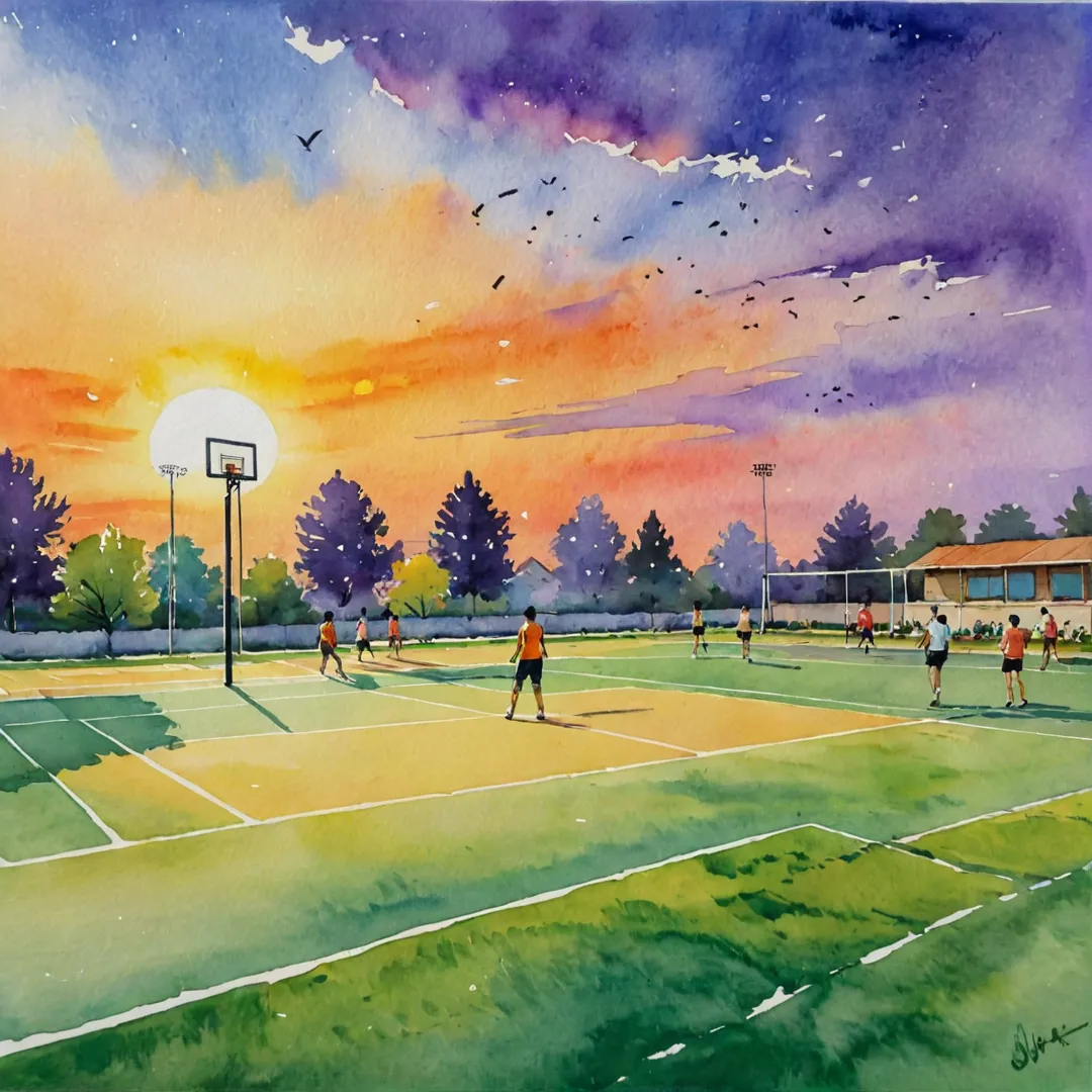 ater color painting of a vibrant sports complex in Alita. The scene showcases the community's enthusiasm for fitness and camaraderie, with residents engaging in various activities across multiple sports arenas. A diverse group of people are depicted playing badminton, basketball, cricket, and more, under the warm glow of a setting sun. The colors of the painting reflect the energy of the scene, with bright oranges, yellows, and purples filling the sky and grassy fields.