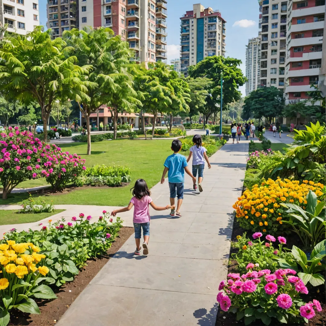  vibrant, sunlit city skyline in the background, featuring high-rise residential buildings and modern infrastructure. In the foreground, a family of four is seen walking along a well-maintained pathway, surrounded by lush greenery and colorful flowers. The parents are holding hands, while their children run ahead, exploring their new neighborhood. To the side, there's a playground with children playing and laughing, adding to the vibrant atmosphere. The image captures the essence of Alita: a harmonious blend of urban living and natural beauty, offering residents an ideal place to call home.