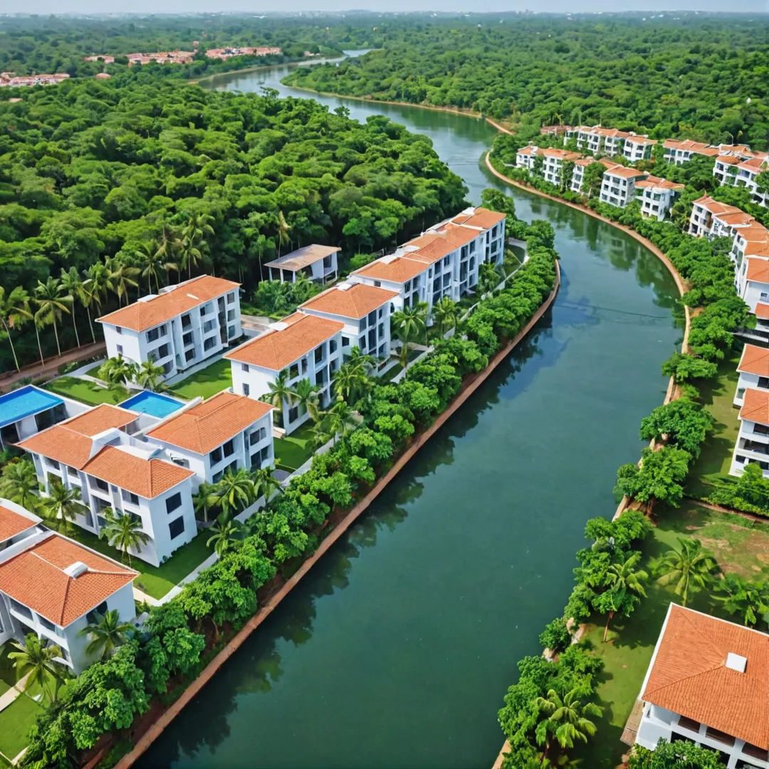 eautifully designed residential community surrounded by greenery, connected to Rajakaluve canals, promoting sustainability and water management.