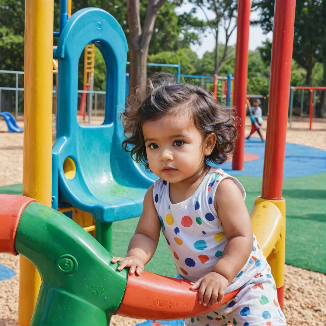 oddler playing on colorful playground equipment with parents watching and engaging in conversation, surrounded by beautiful watercolor painting-style scenery.