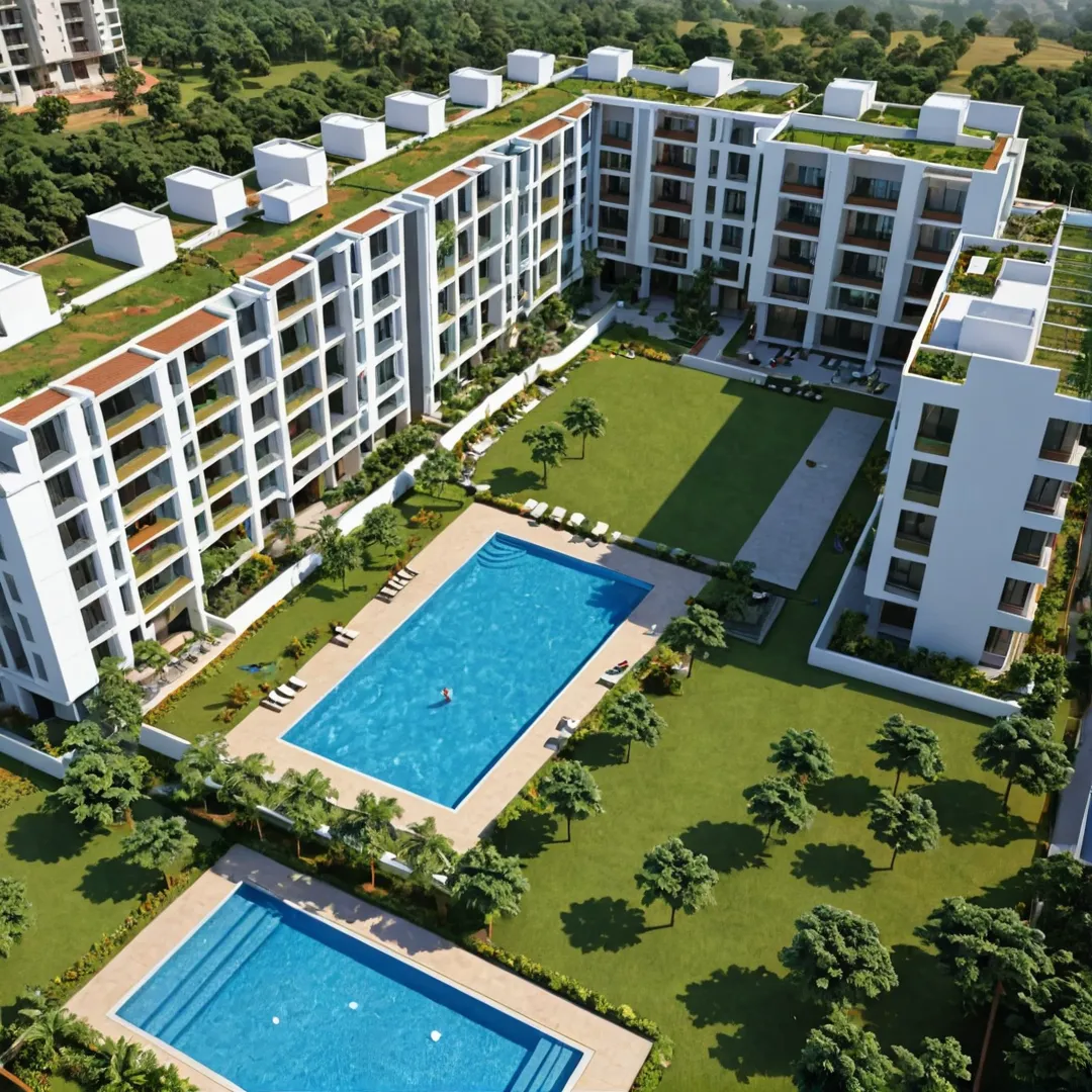 endering of the Alita residential project in Bangalore East, showcasing a vibrant and modern community living environment with expansive open spaces, a state-of-the-art clubhouse, and various public amenities. The image should highlight the seamless blend of nature, sustainability, and contemporary design features that make Alita stand out as a premier residential destination.